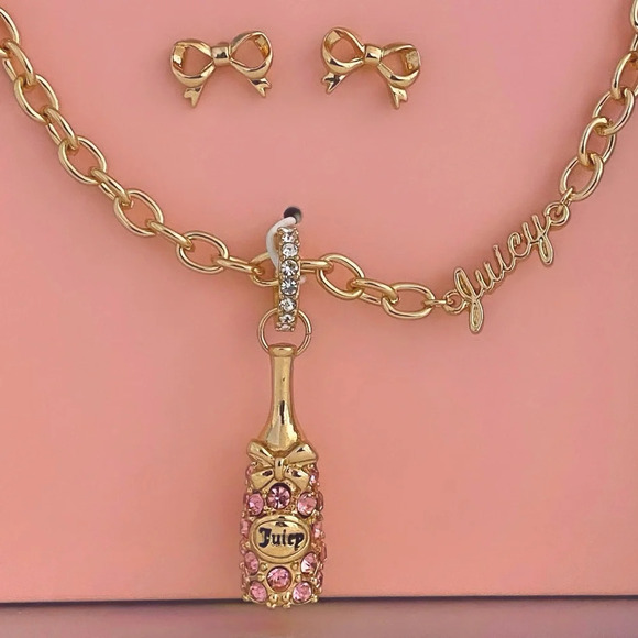 Juicy Couture Rhinestone Pink Champagne Bottle Necklace & Bow Earrings Gift Set - Picture 5 of 7